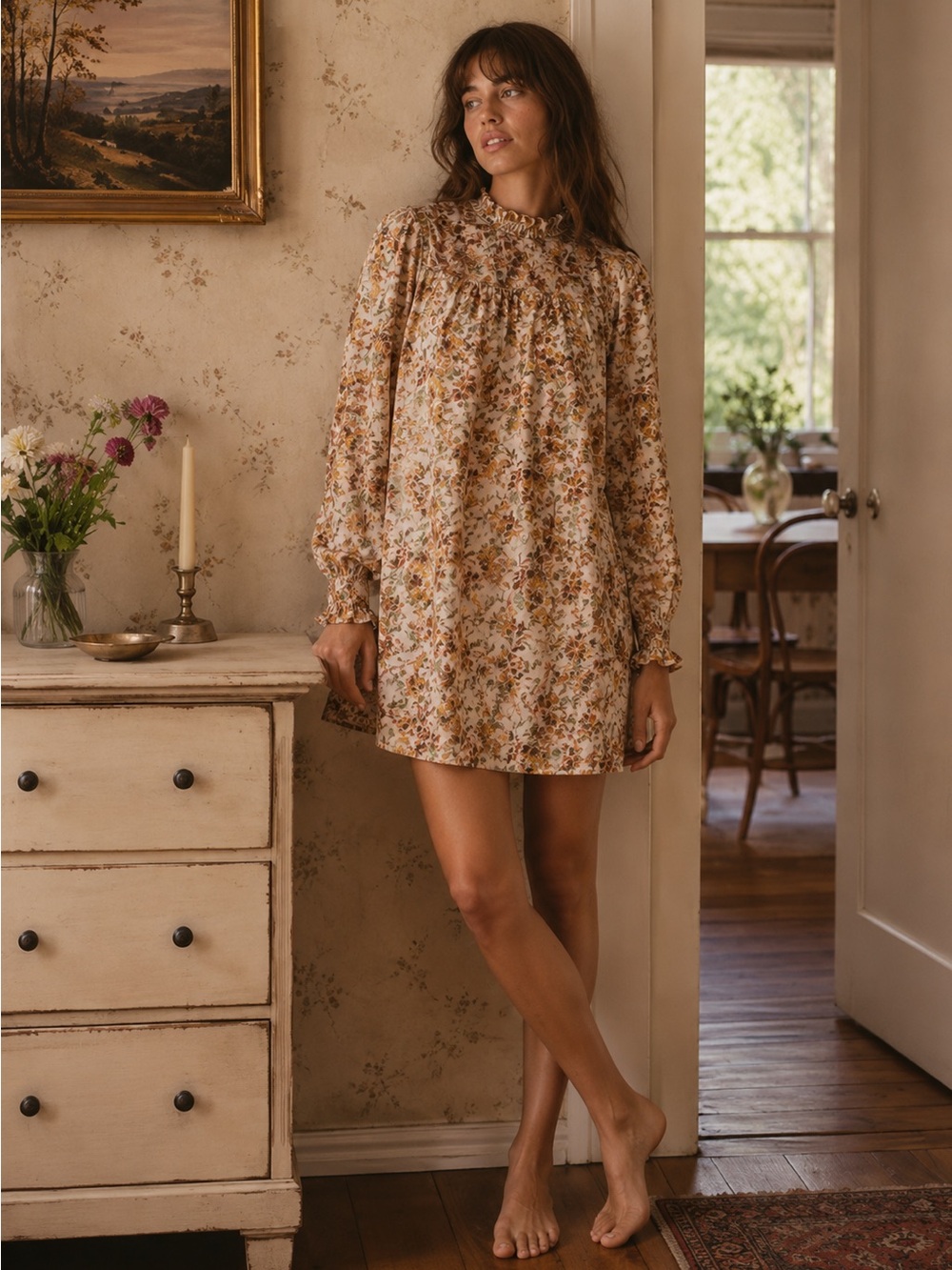 DÔEN Floral Marabella Dress Size S Romantic Cottagecore Boho Ruffle Neck